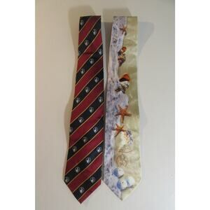 Shriners Set Of 2 Neckties Blue/Red Strip Silk Shell Beach Motif